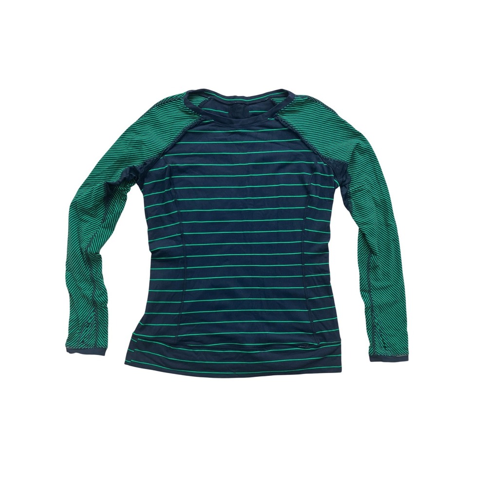 Lululemon Long Sleeve Striped Athletic Top Navy Green Mesh Back Thumbholes Sz 6‎